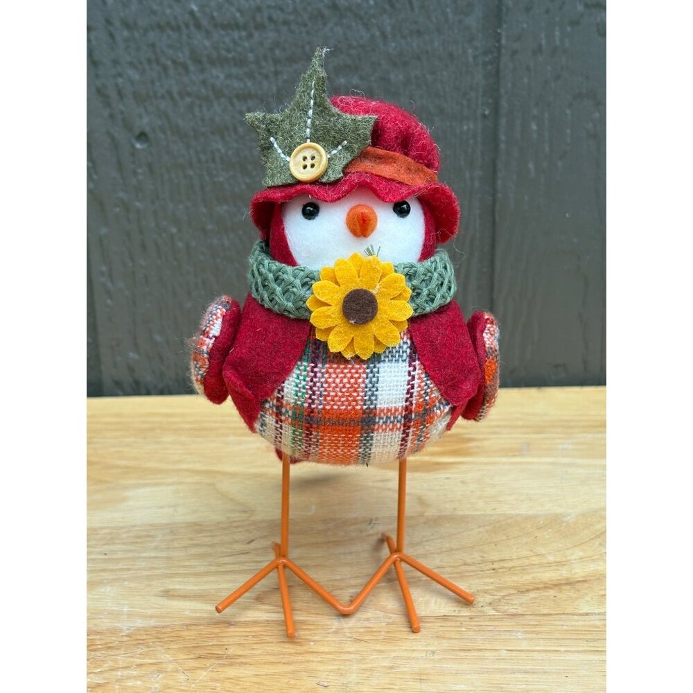 Hobby Lobby Red Plaid Fabric Bird Chick Figurine Felt Hat Scarf Floral Accent 7"